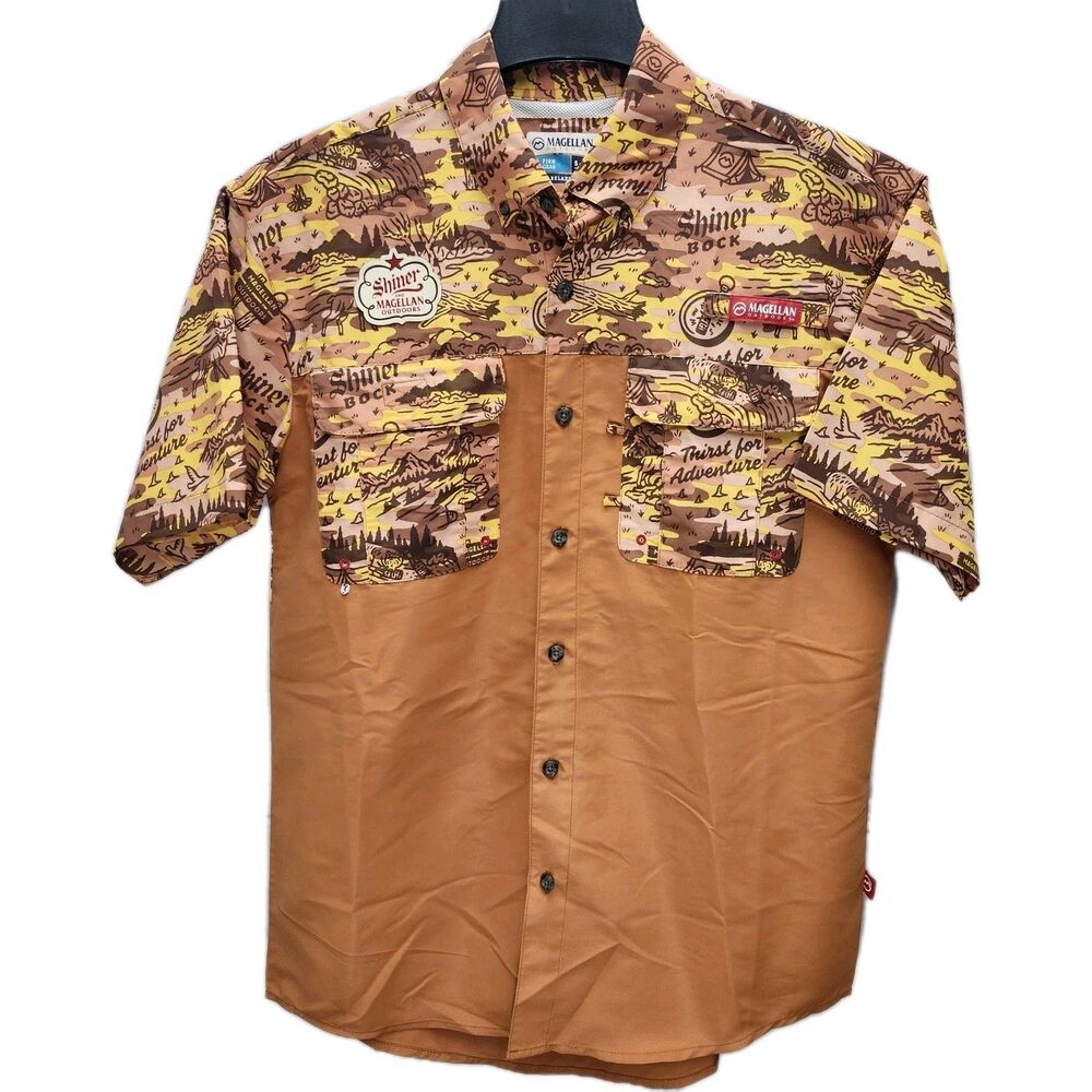 Magellan Shiner Bock Fishing Shirt Mens Small Brown Rust Moisture Wicking Casual